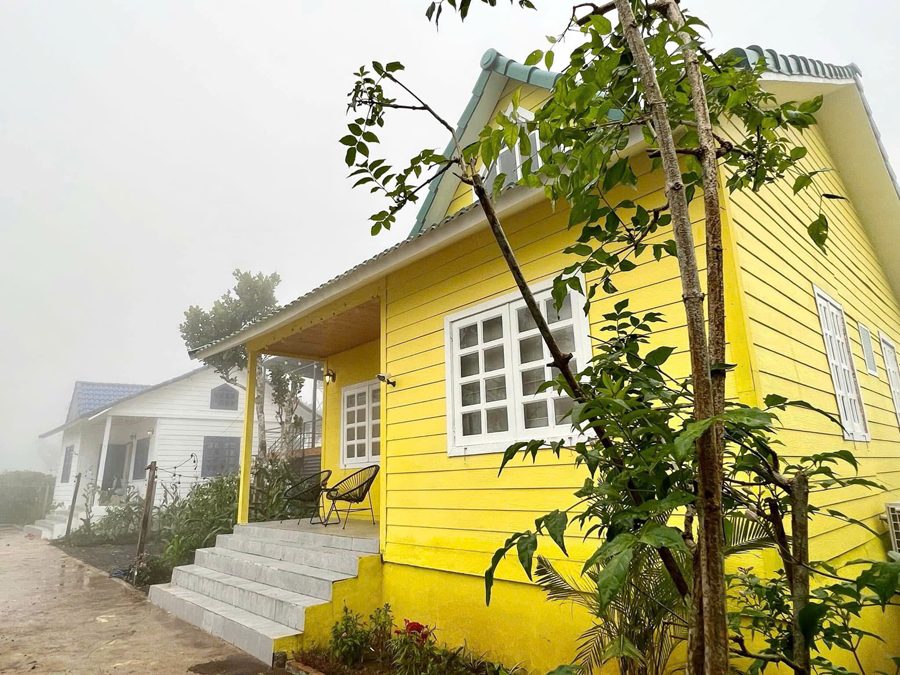 Nhà gỗ vàng trong sương sớm ở Tà Đùng