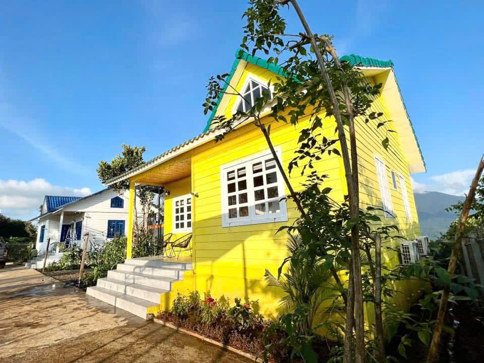 Lối vào nhà gỗ sơn vàng dưới nắng sớm